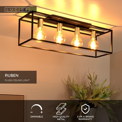 Lucide RUBEN - Flush ceiling light - 4xE27 - Black